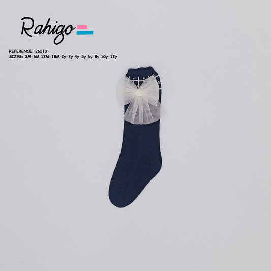 Rahigo navy girls knee high socks with cream patterned cuff and oversized cream tulle bow - 26213
