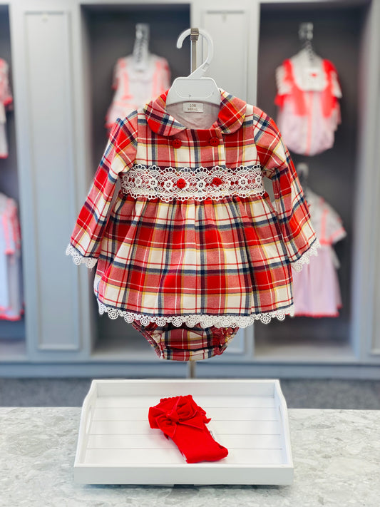 LOR MIRA Escocia Girls Red Check Dress & Knickers - CLEARANCE SALE