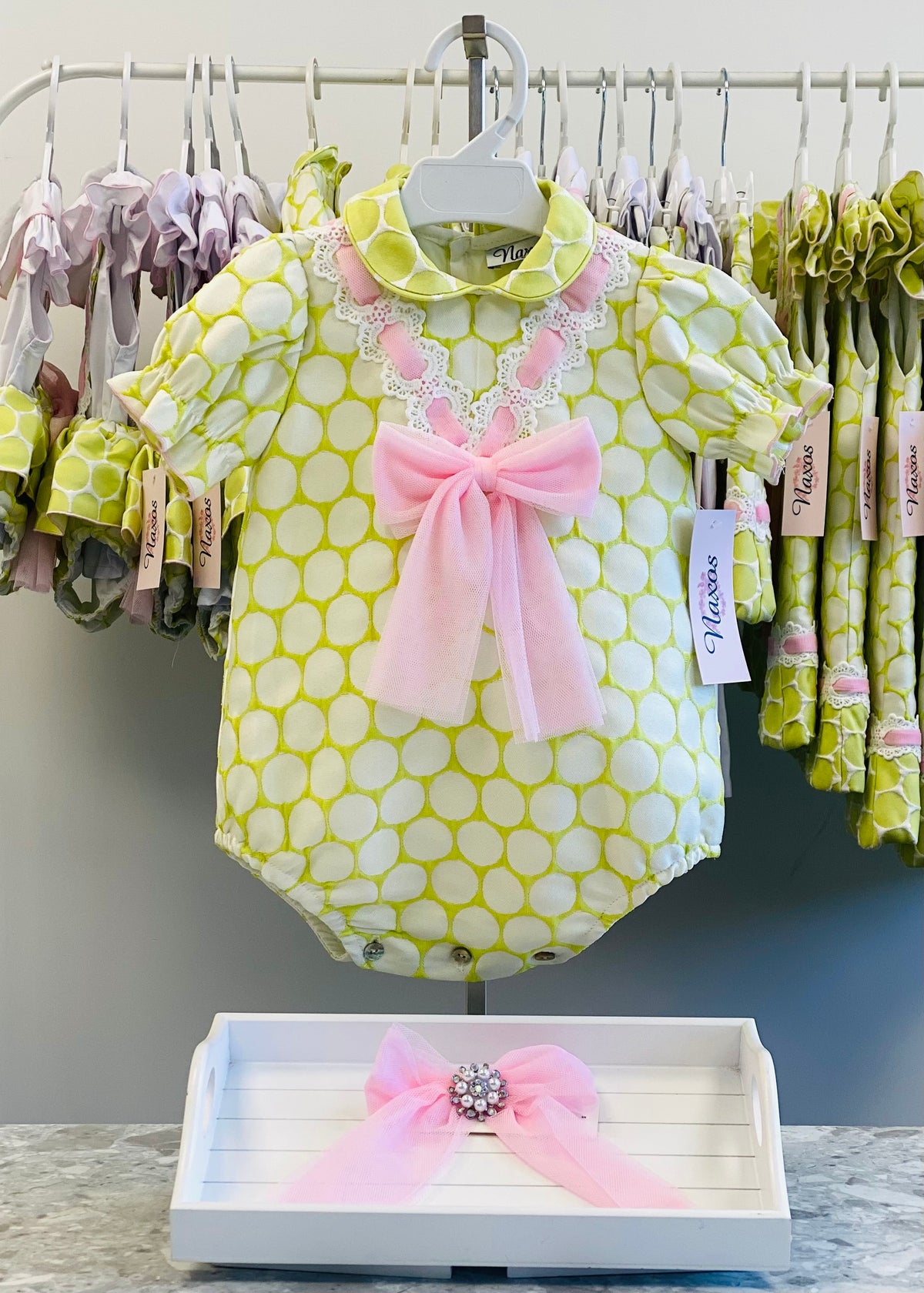 Naxos Lunares Girls Lime & Pink Polka Dot Romper - 7703