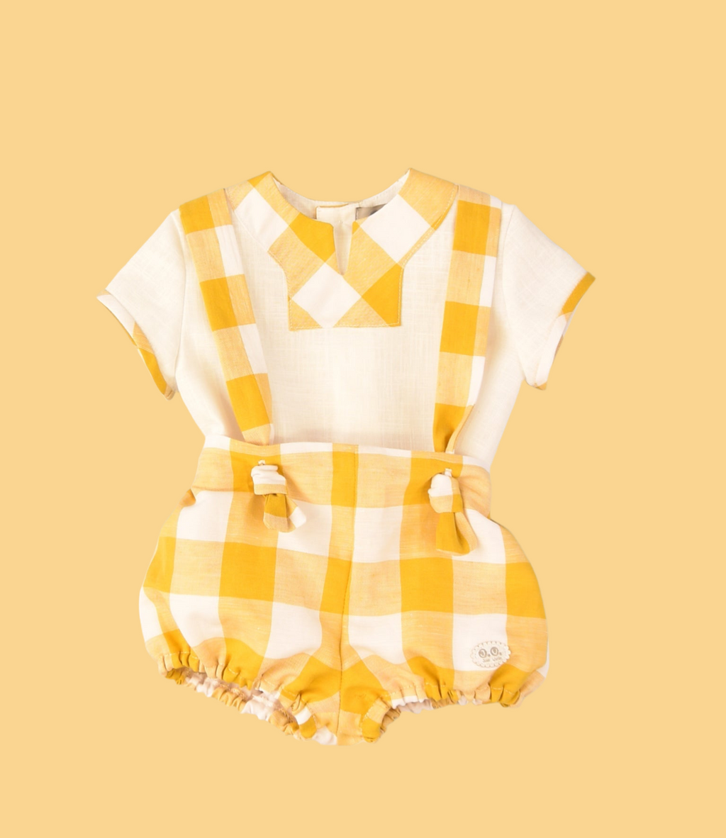 JOSE VARON Yellow Gingham Boys Romper Set