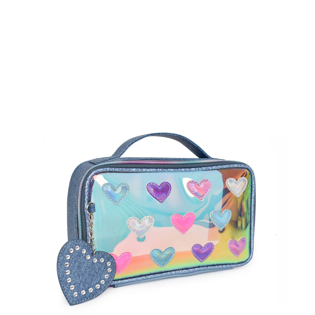 Heart mirror detail on OMG Accessories denim glazed travel case