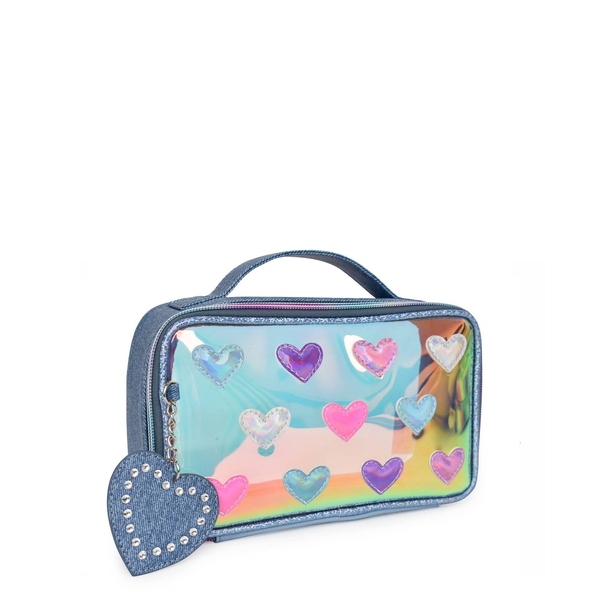 Heart mirror detail on OMG Accessories denim glazed travel case