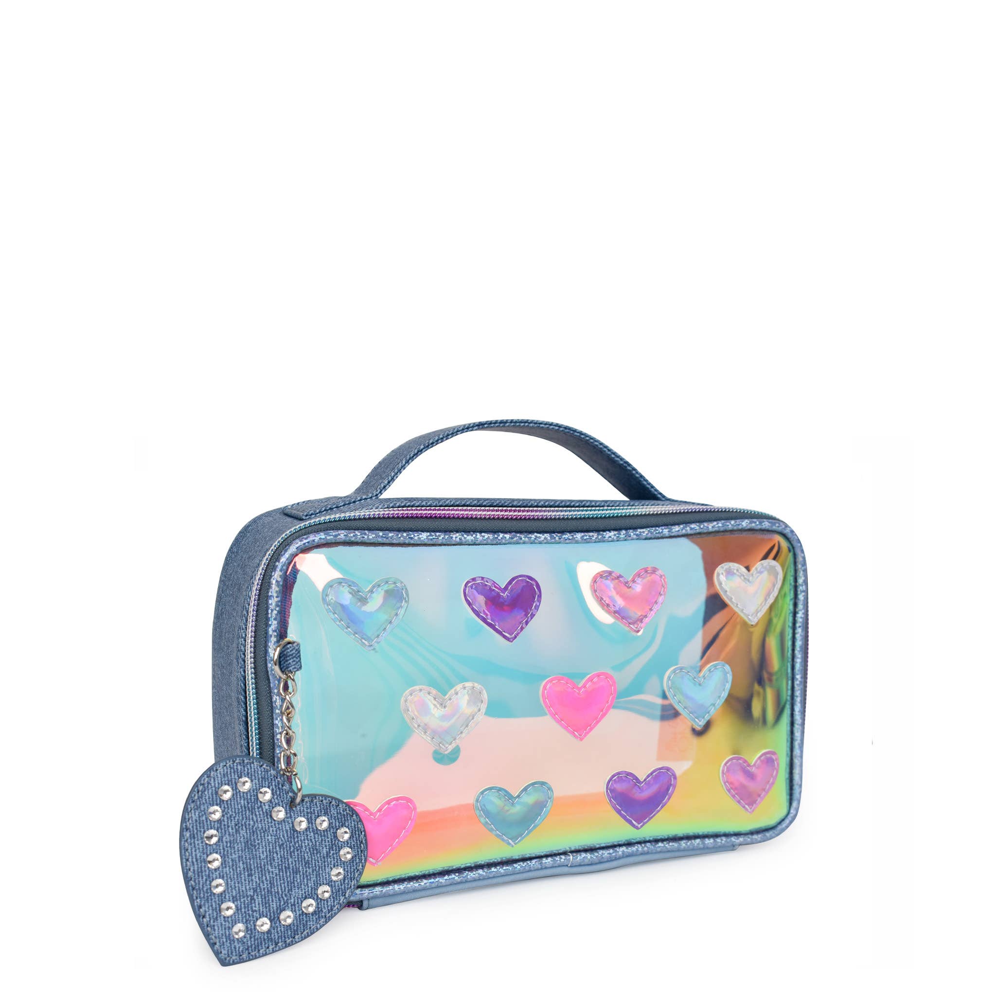 Heart mirror detail on OMG Accessories denim glazed travel case