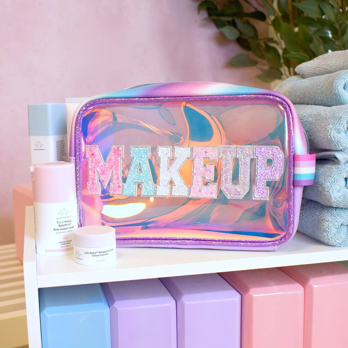 Back view of OMG Accessories Makeup iridescent clear pouch