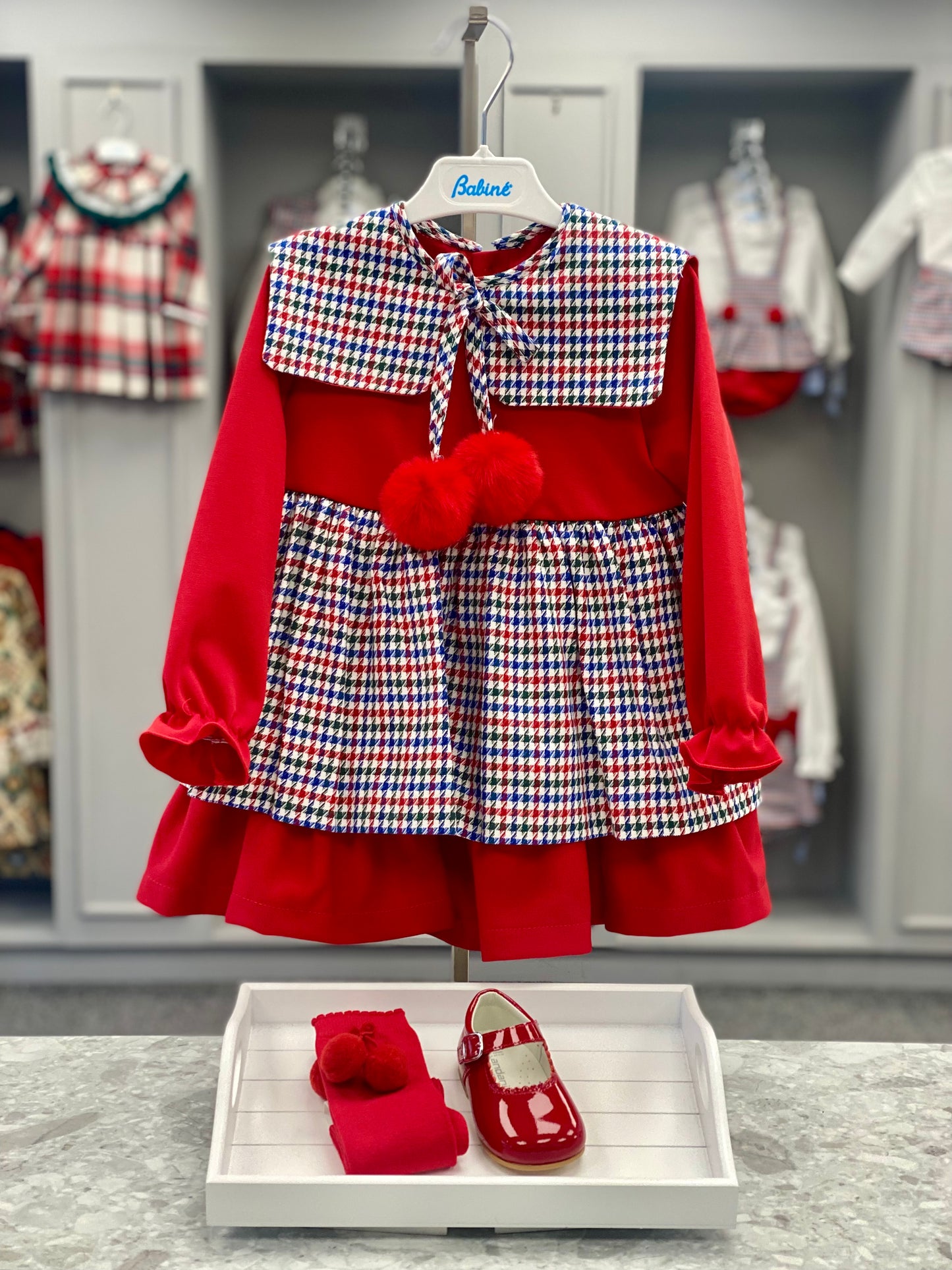 BABINE Red, Blue & Green Check Girls Puffball Dress - 2512813