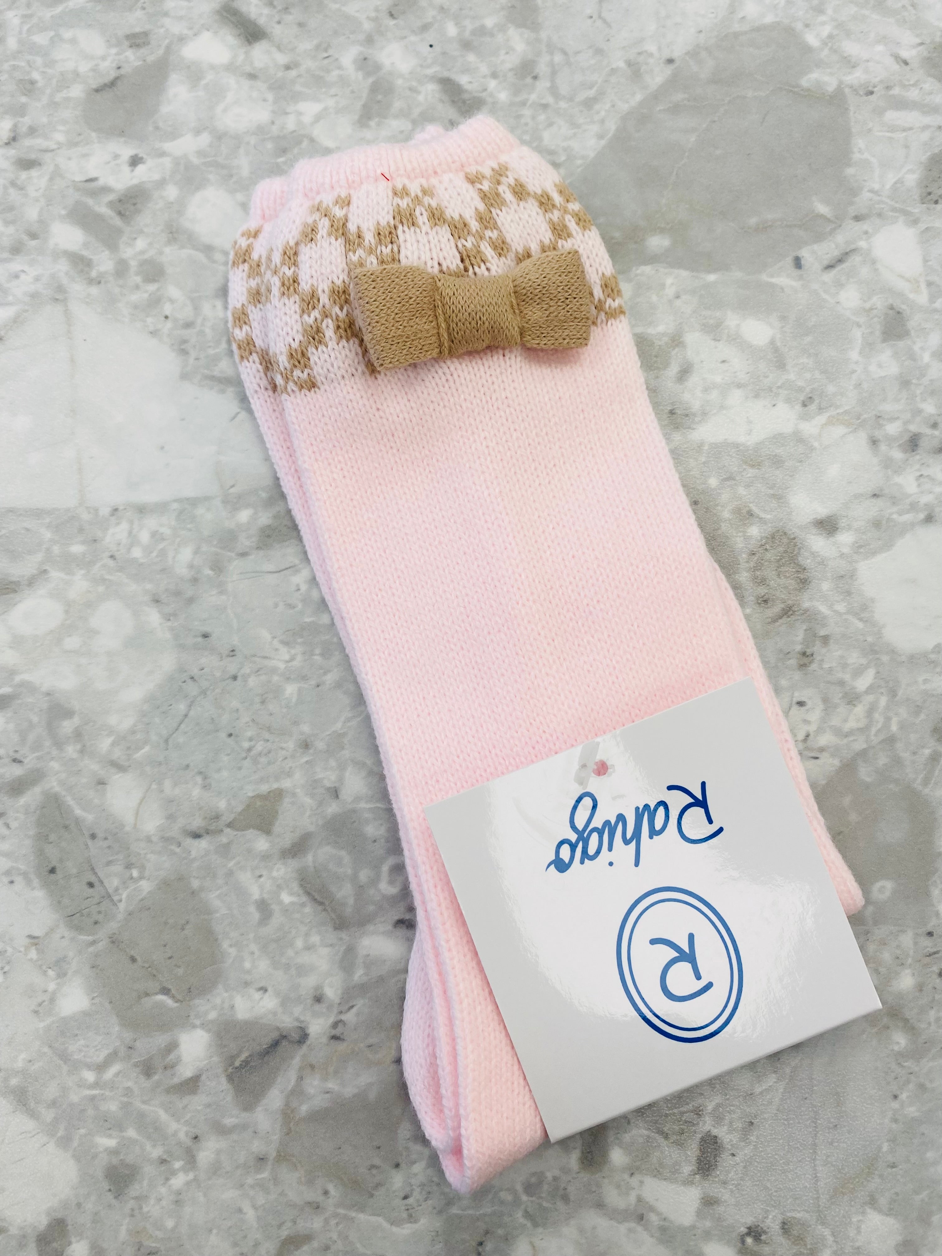 AW25 RAHIGO Baby Pink & Camel Girls Bow Socks - 25213