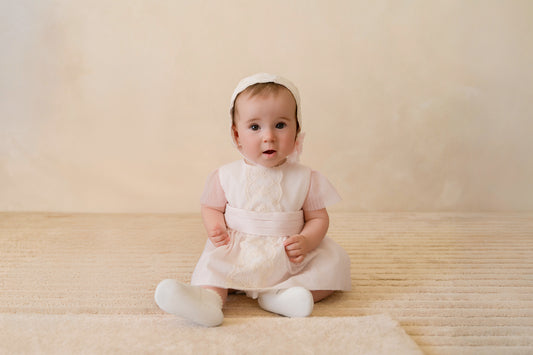 Miranda Ceremonia cream and pink girls dress with matching knickers front view