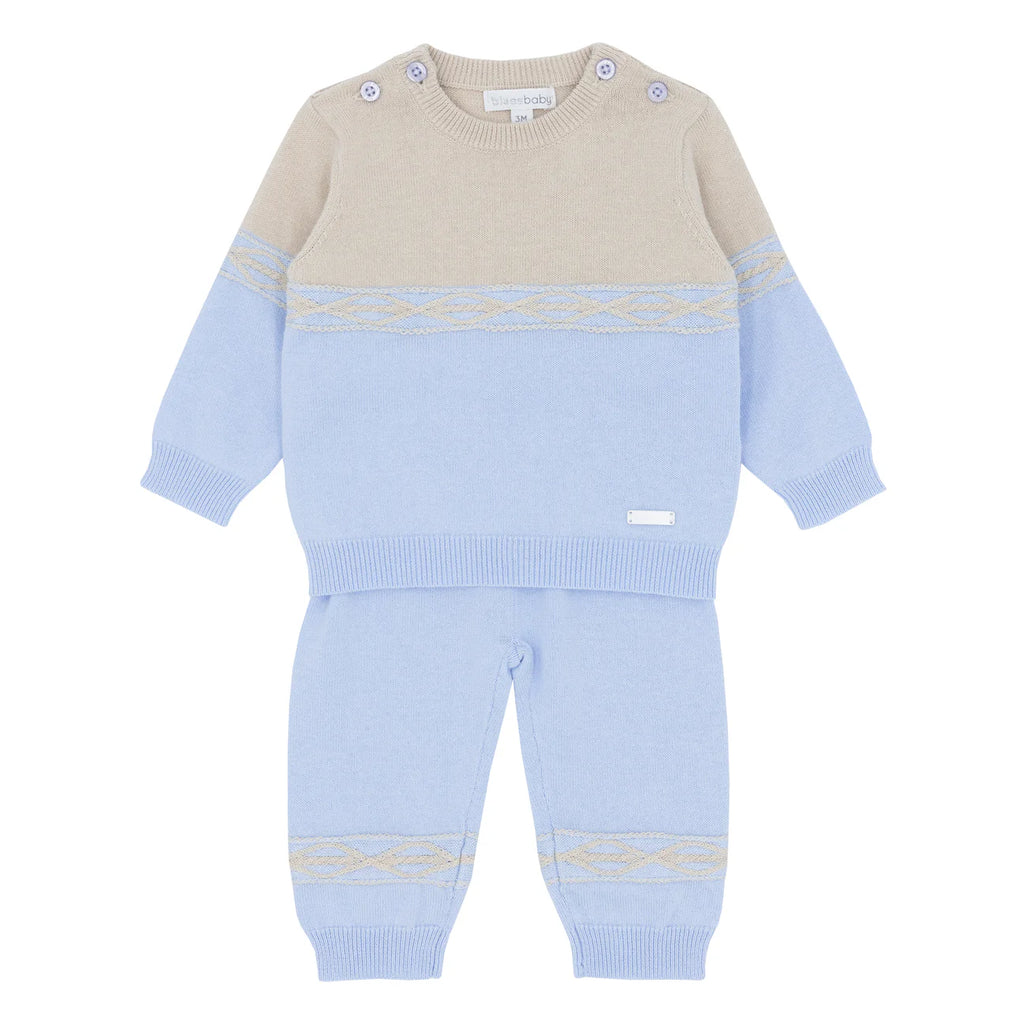Blues Baby Bruges boys baby blue and beige two piece knitted jumper and trouser set