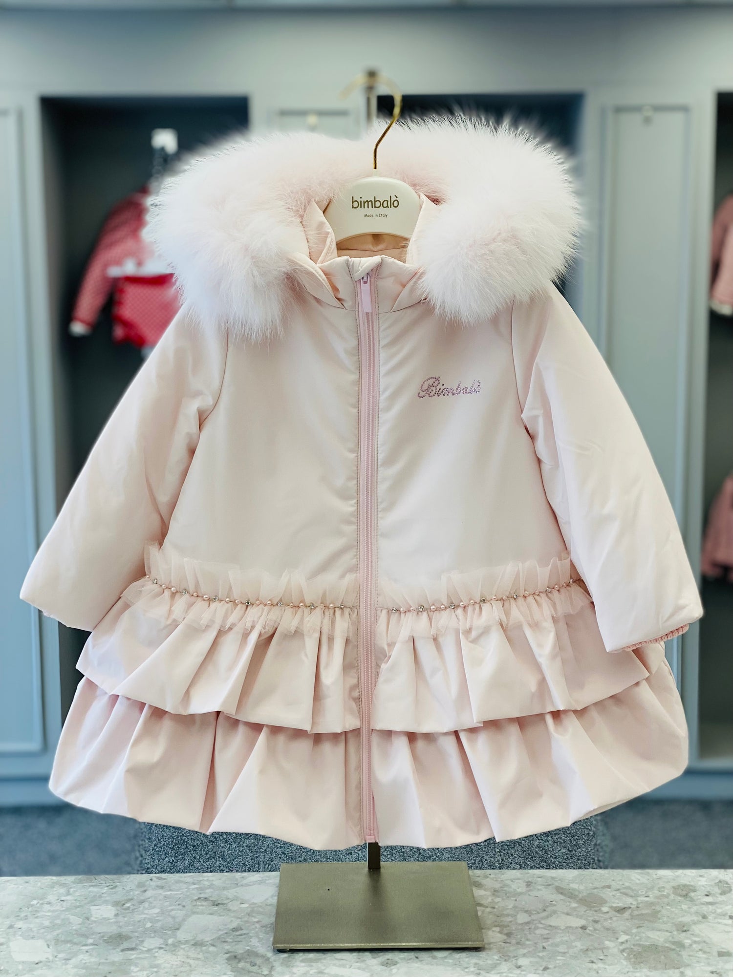 AW25 BIMBALO Girls Pink Coat with Fur & Pearl Trim