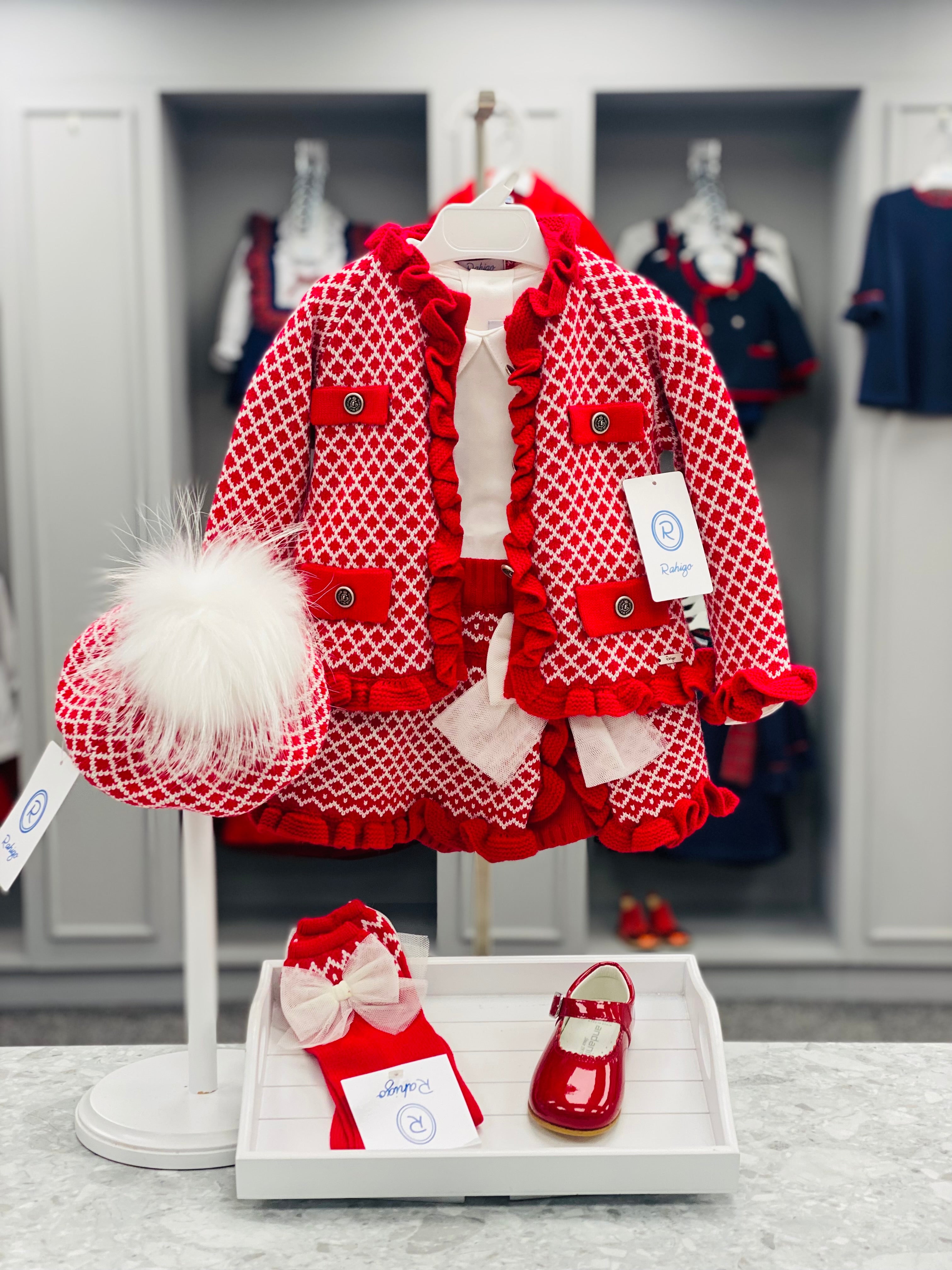 AW25 RAHIGO Red & Cream Girls Five Piece Skirt Set with Cardigan