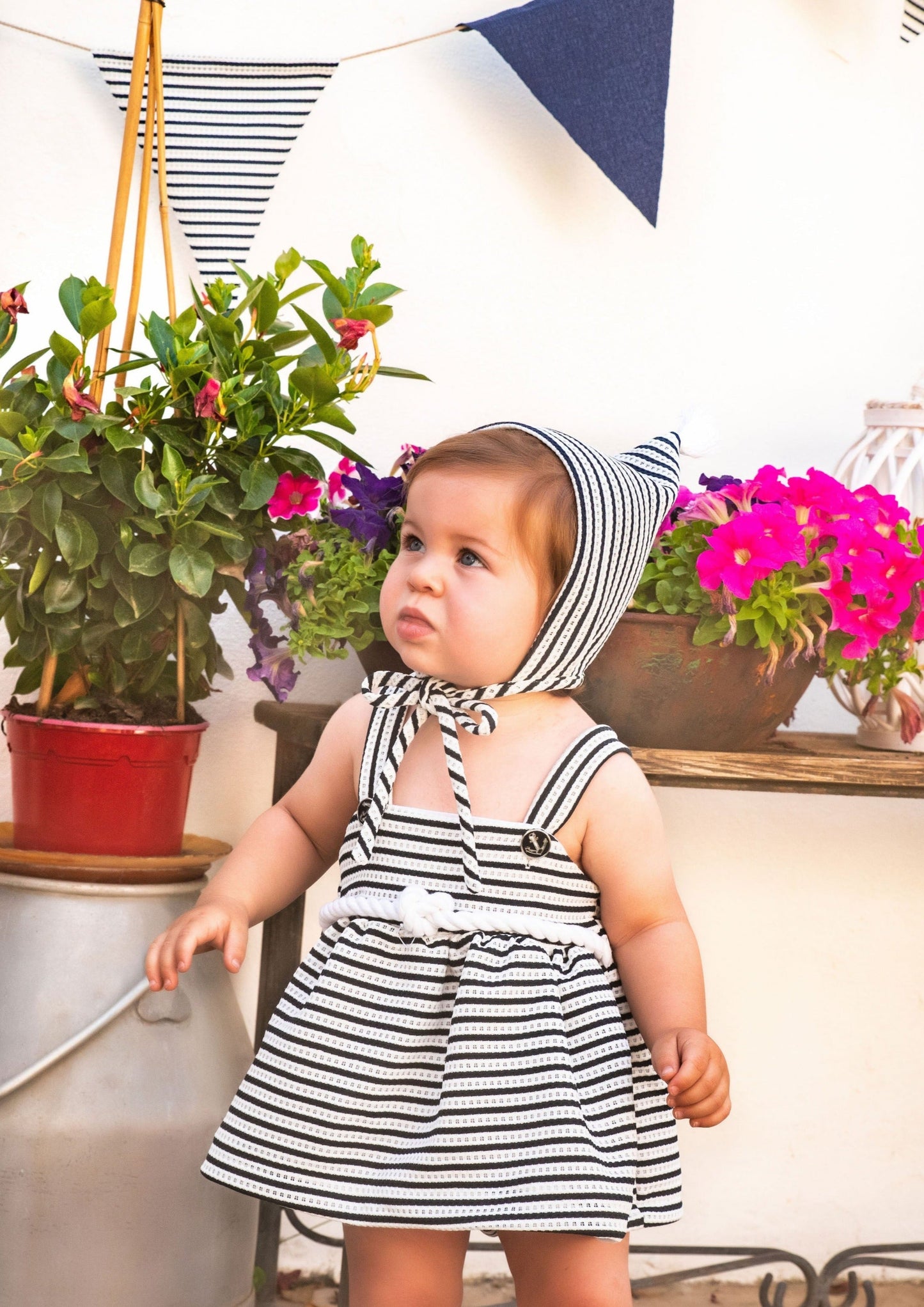 SS22 BABINE Nautical Baby Girls Navy & White Stripe Dress & Knickers