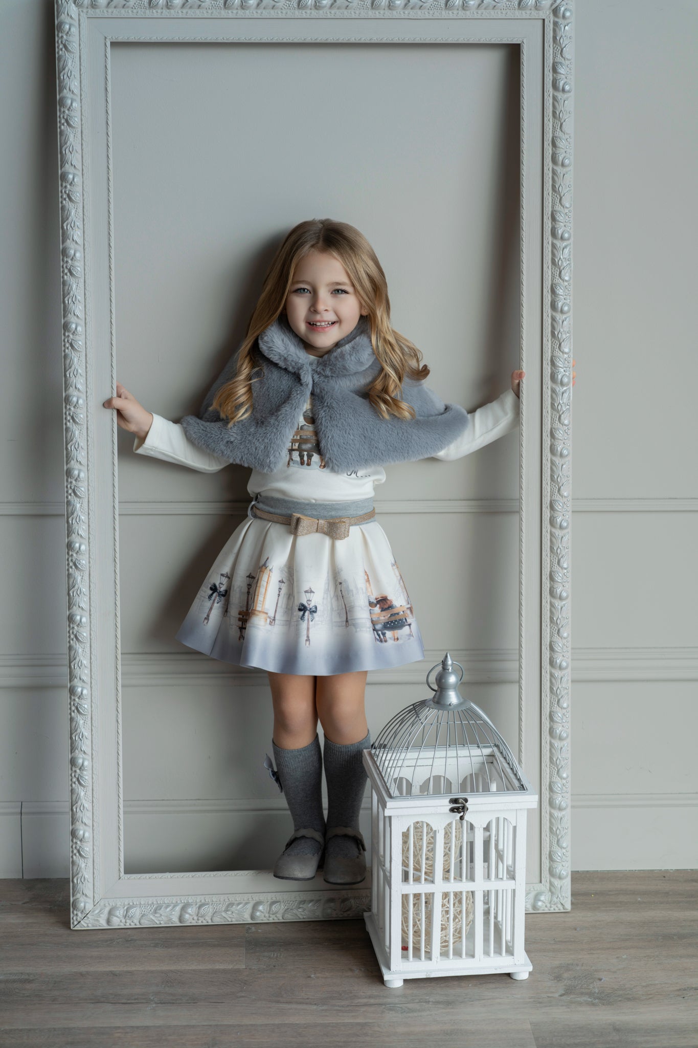 PRE ORDER AW25 MIRANDA Cream & Grey Girls Skirt Set with Faux Fur Cape - 236