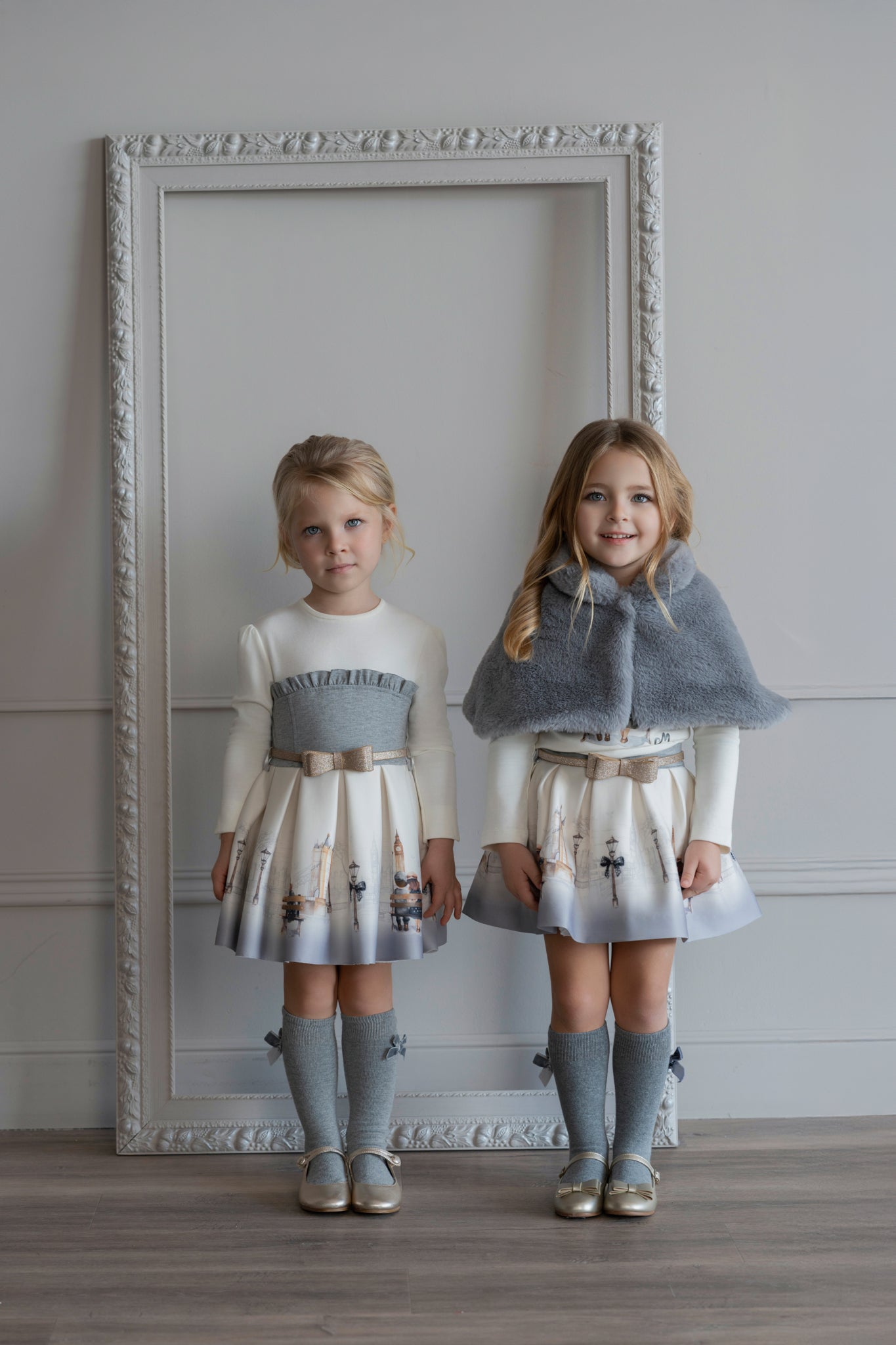 PRE ORDER AW25 MIRANDA Cream & Grey Girls Skirt Set with Faux Fur Cape - 236