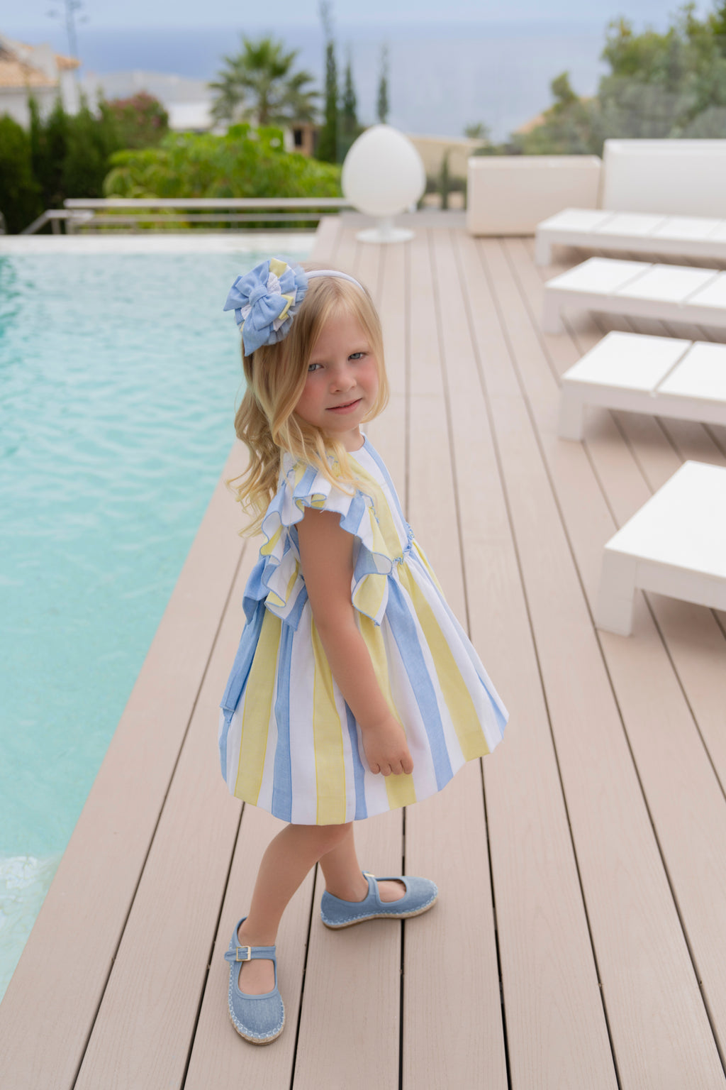 MIRANDA Blue & Yellow Stripe Girls Dress - 238V