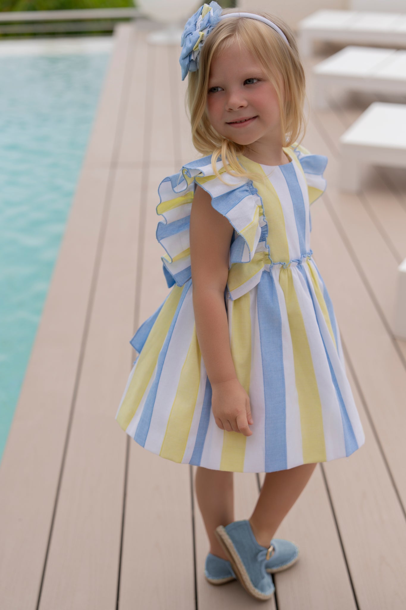PRE ORDER MIRANDA Blue & Yellow Stripe Girls Dress - 238V