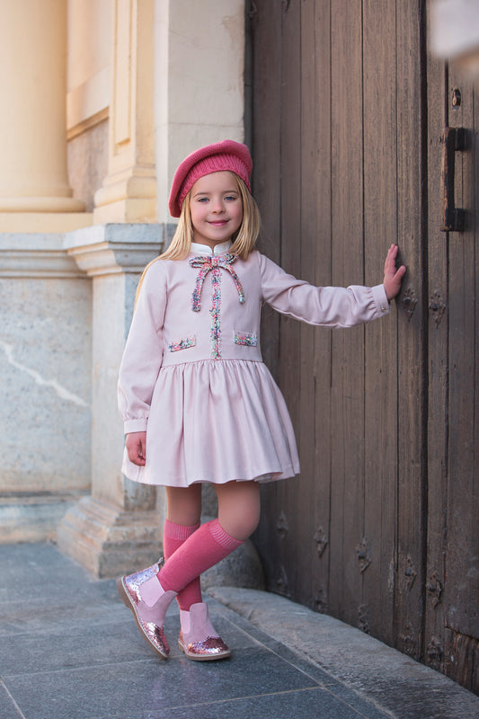 ROCHY Espiga Pink Herringbone Tweed Trim Girls Dress - 23808
