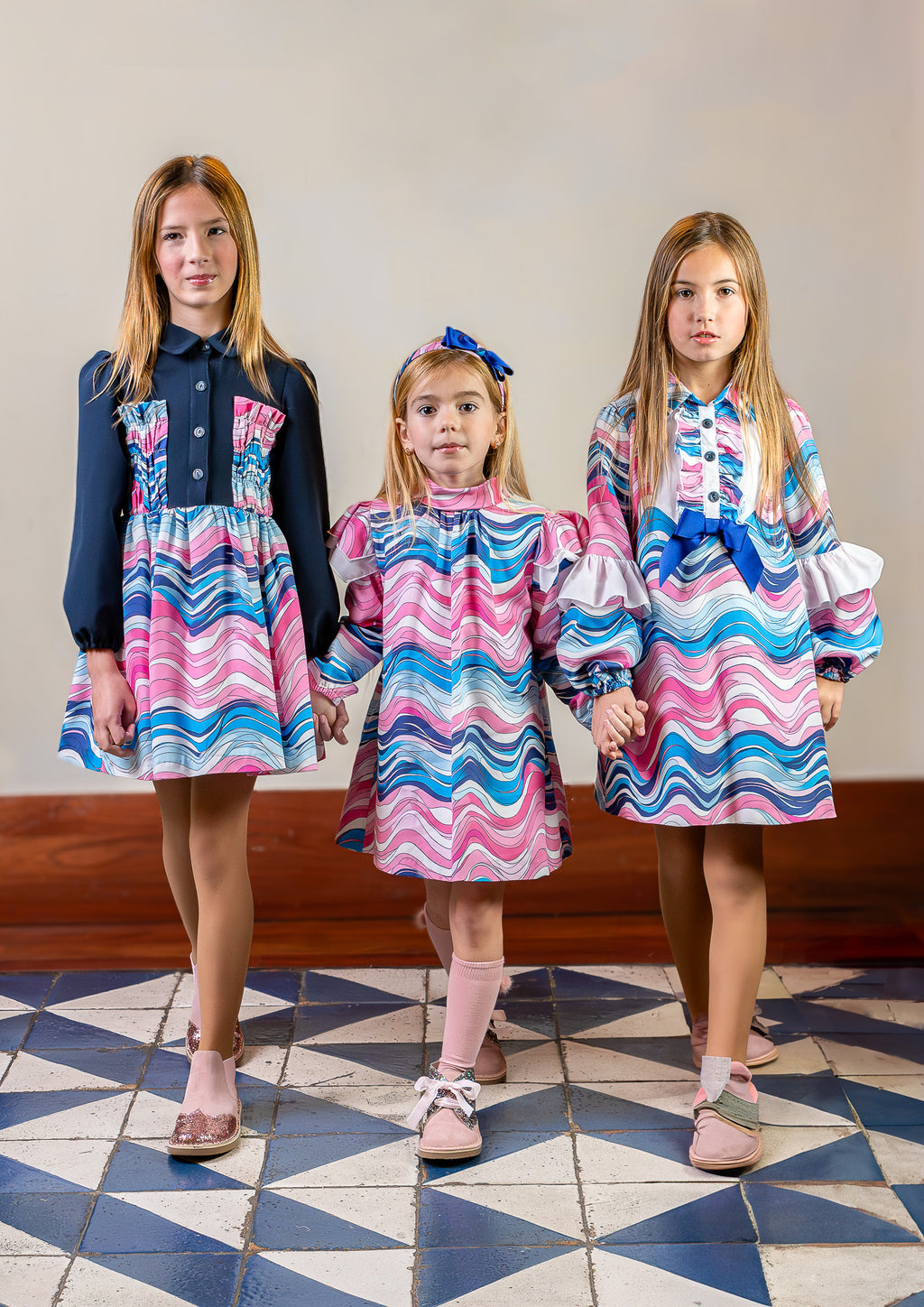 ROCHY AW24 Mar Girls Navy & Pink Waves Dress - CLEARANCE SALE