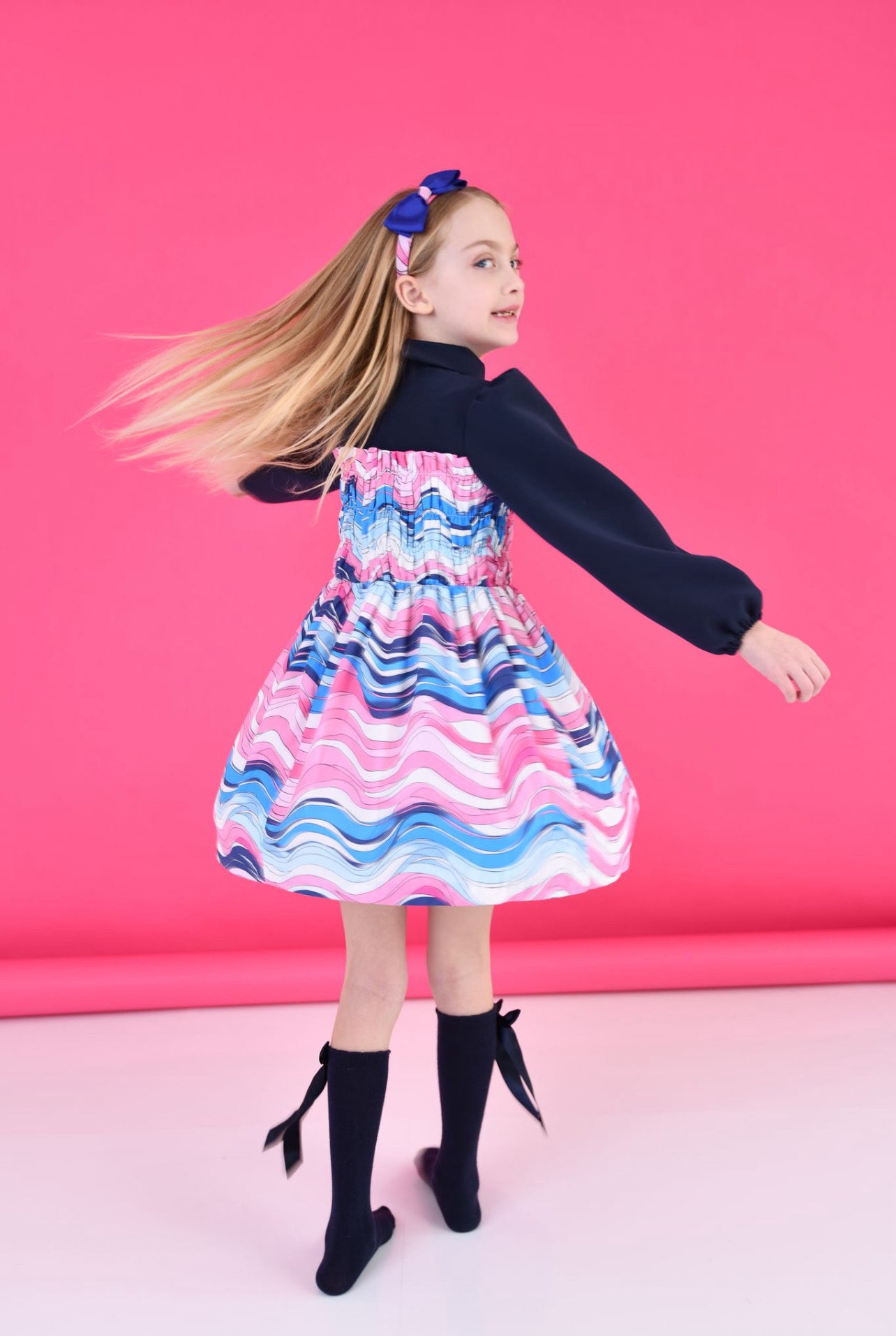 ROCHY AW24 Mar Girls Navy & Pink Waves Dress - CLEARANCE SALE