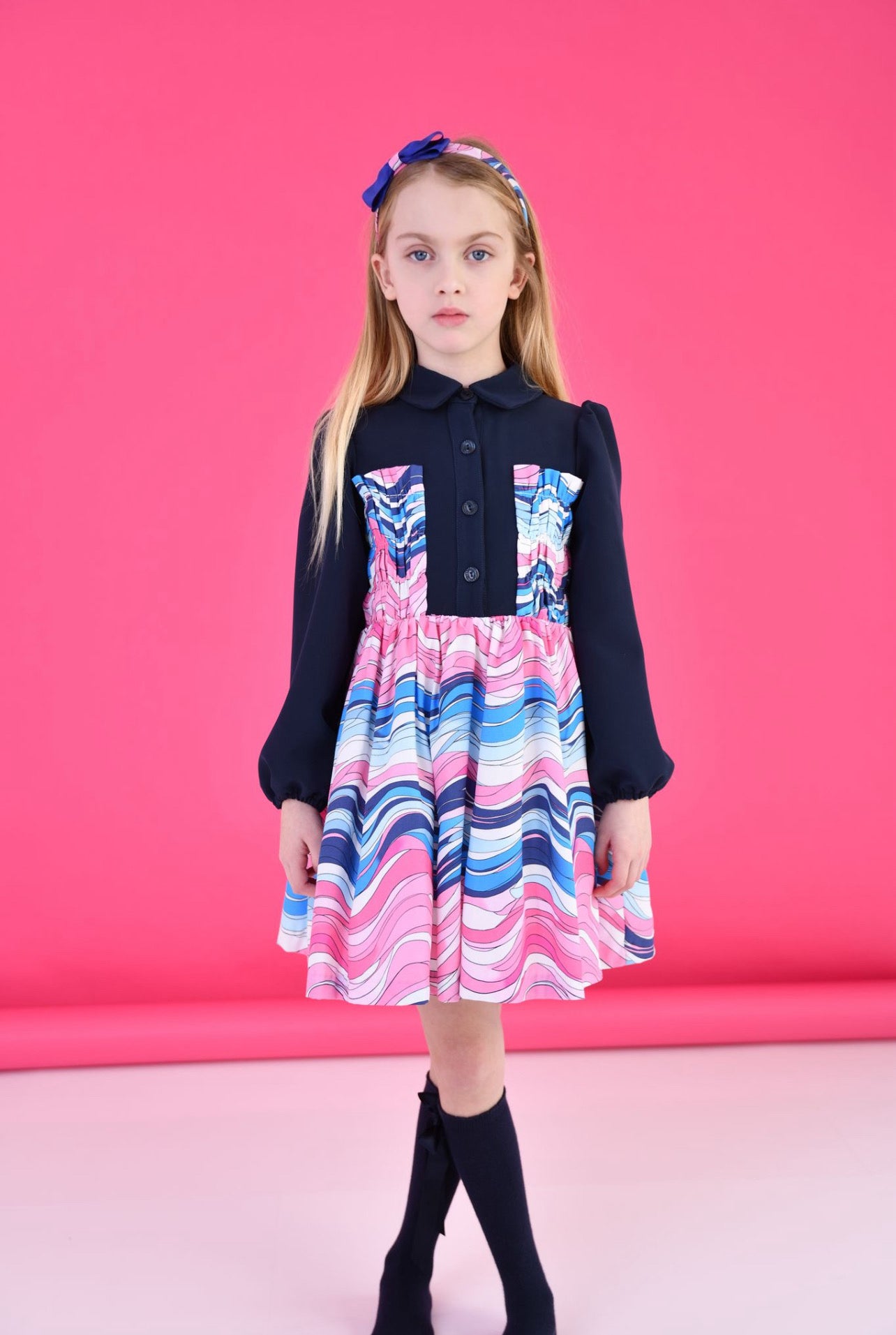 ROCHY AW24 Mar Girls Navy & Pink Waves Dress - CLEARANCE SALE