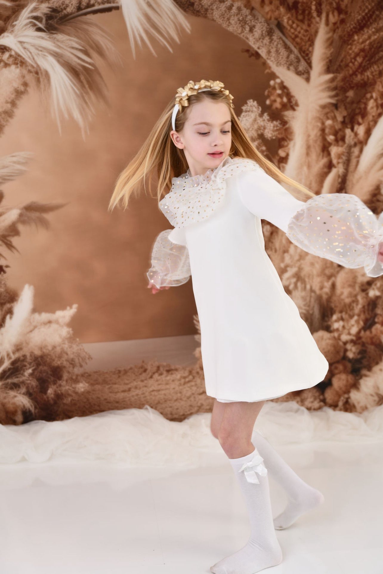 ROCHY AW24 Gold Girls Tulle Sleeve Dress - CLEARANCE SALE