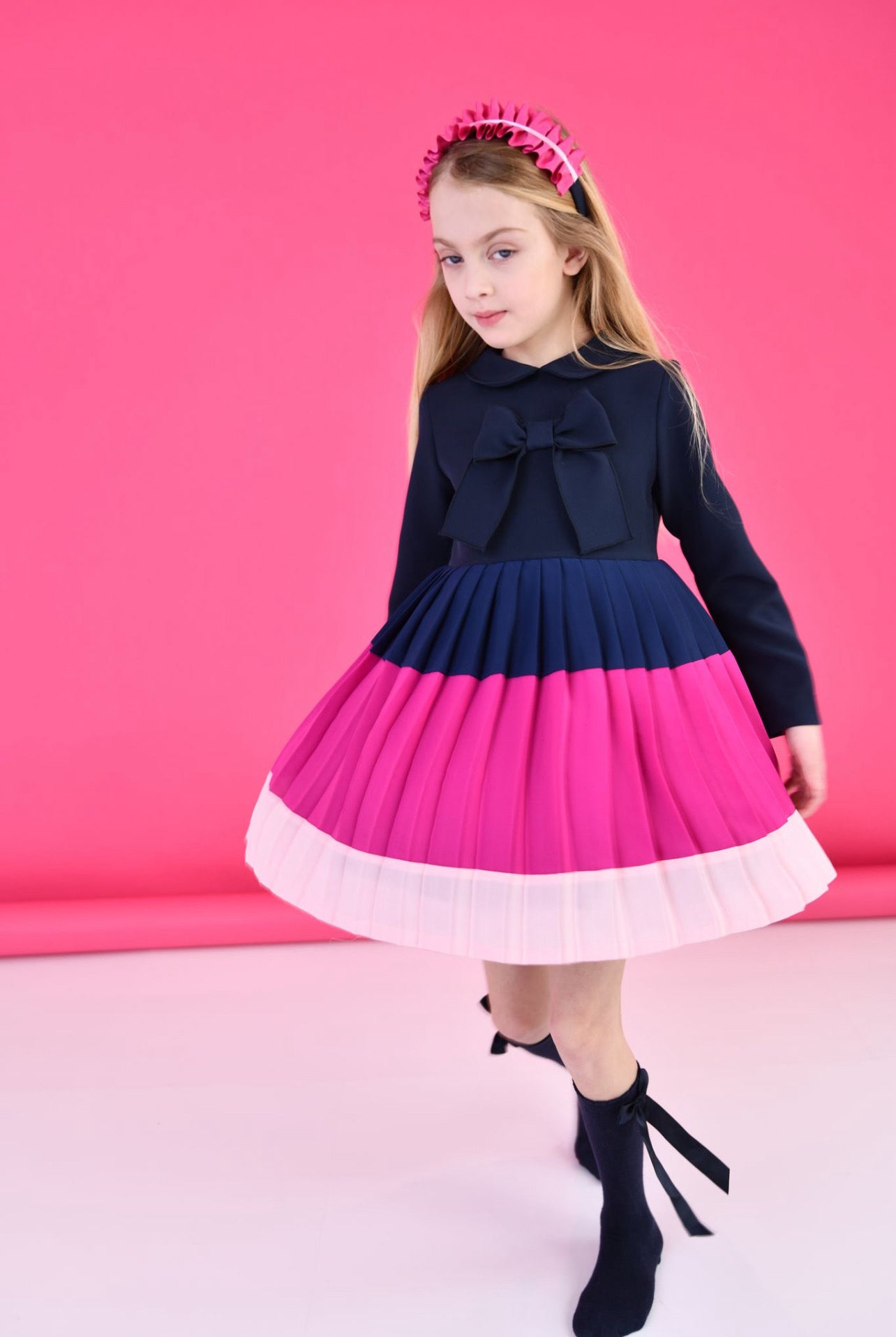 ROCHY AW24 Mar Girls Navy & Pink Pleated Dress - CLEARANCE SALE