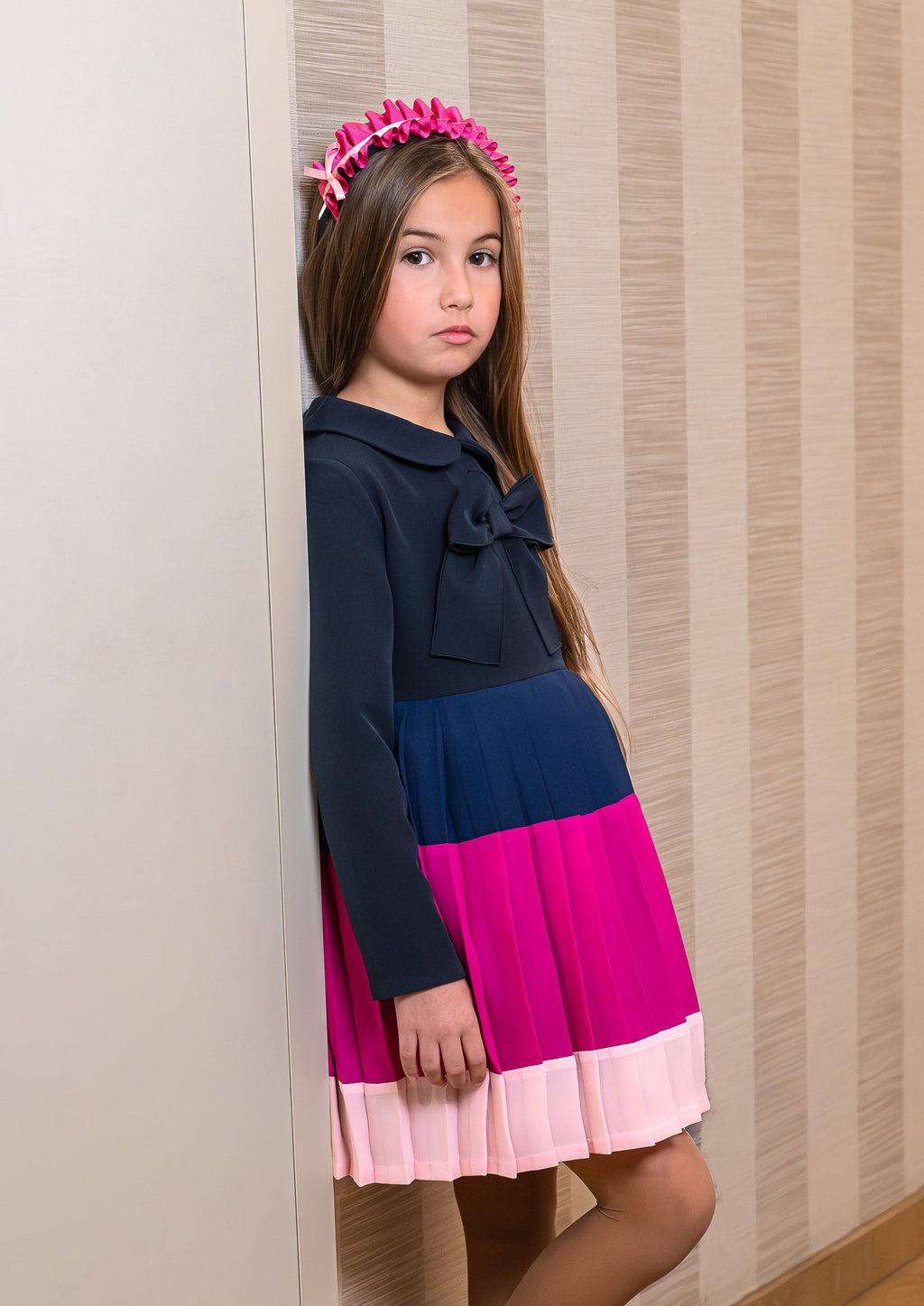 ROCHY AW24 Mar Girls Navy & Pink Pleated Dress - CLEARANCE SALE