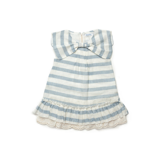 JULIANA Benissa Girls Blue & Cream Stripe Linen Dress - 24141