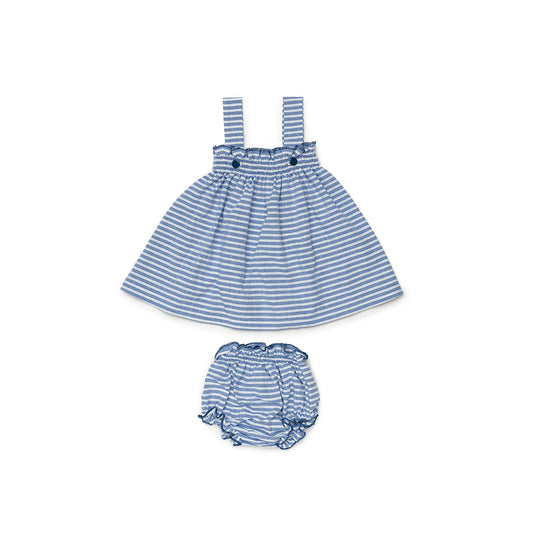 JULIANA Cap Blanc Girls Blue & White Stripe Dress & Knickers - 24144