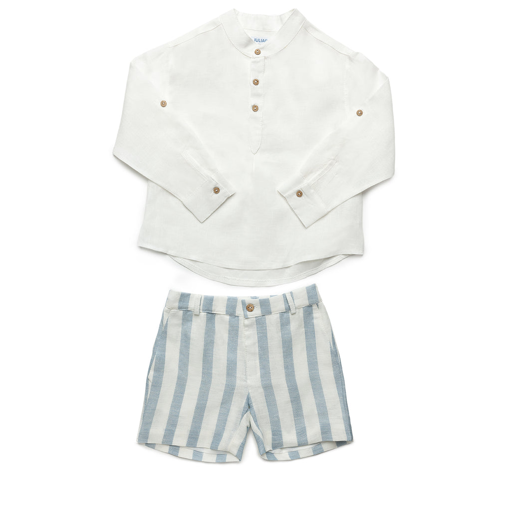 JULIANA SS24 Benissa Boys Blue & Cream Stripe Linen Short Set - CLEARANCE SALE