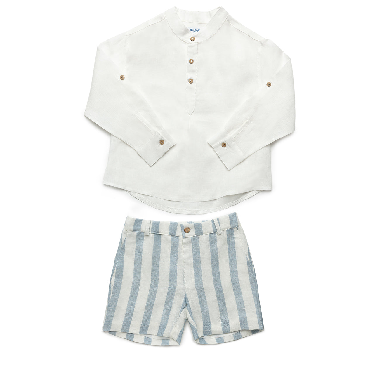 JULIANA SS24 Benissa Boys Blue & Cream Stripe Linen Short Set - CLEARANCE SALE
