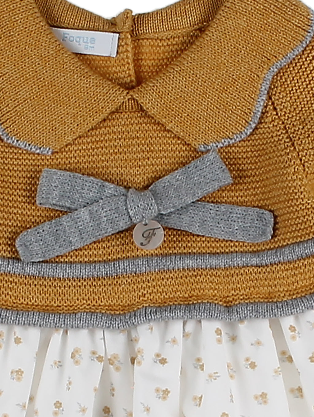 AW24 FOQUE Mustard & Grey Girls Knitted Dress & Bonnet - 5212