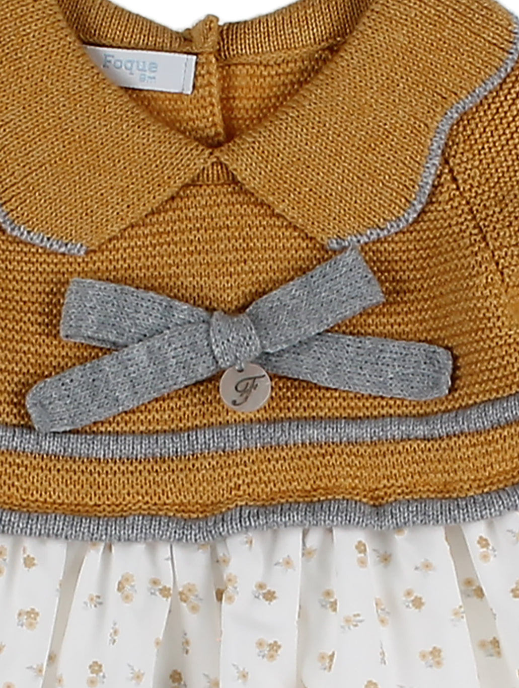 AW24 FOQUE Mustard & Grey Girls Knitted Dress & Bonnet - 5212