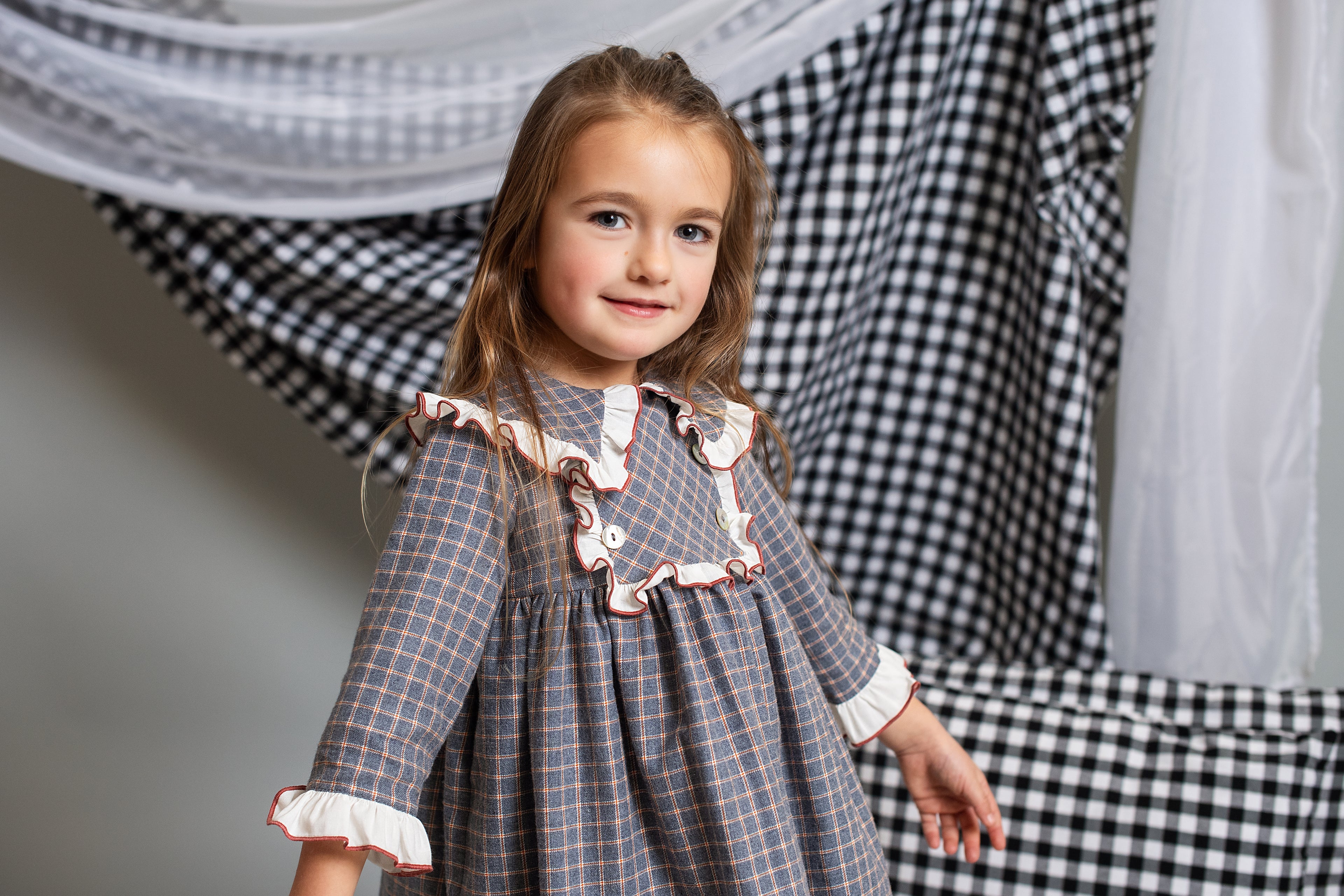 AW24 FOQUE Arcilla Grey Check Girls Dress - 5222