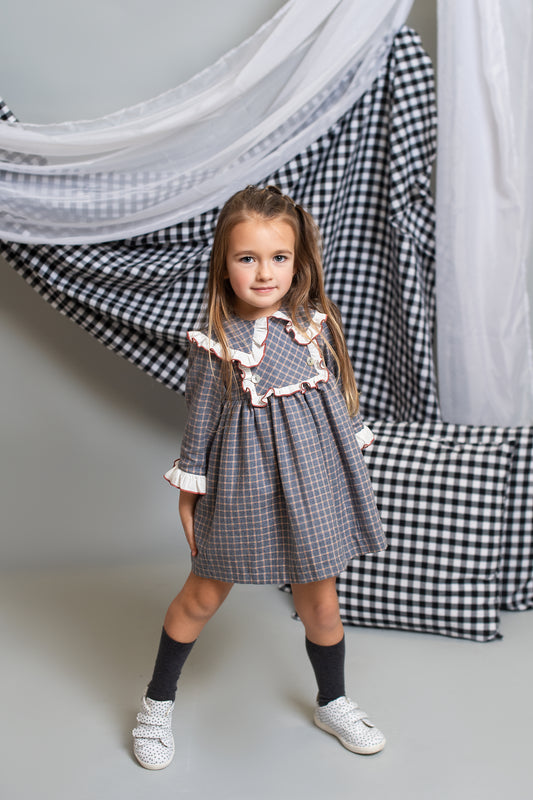 FOQUE Arcilla Grey Check Girls Dress - 5222