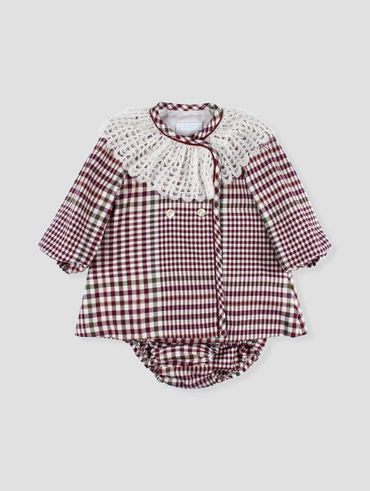 FOQUE Burgundy Check Girls Dress & Knickers - 5272