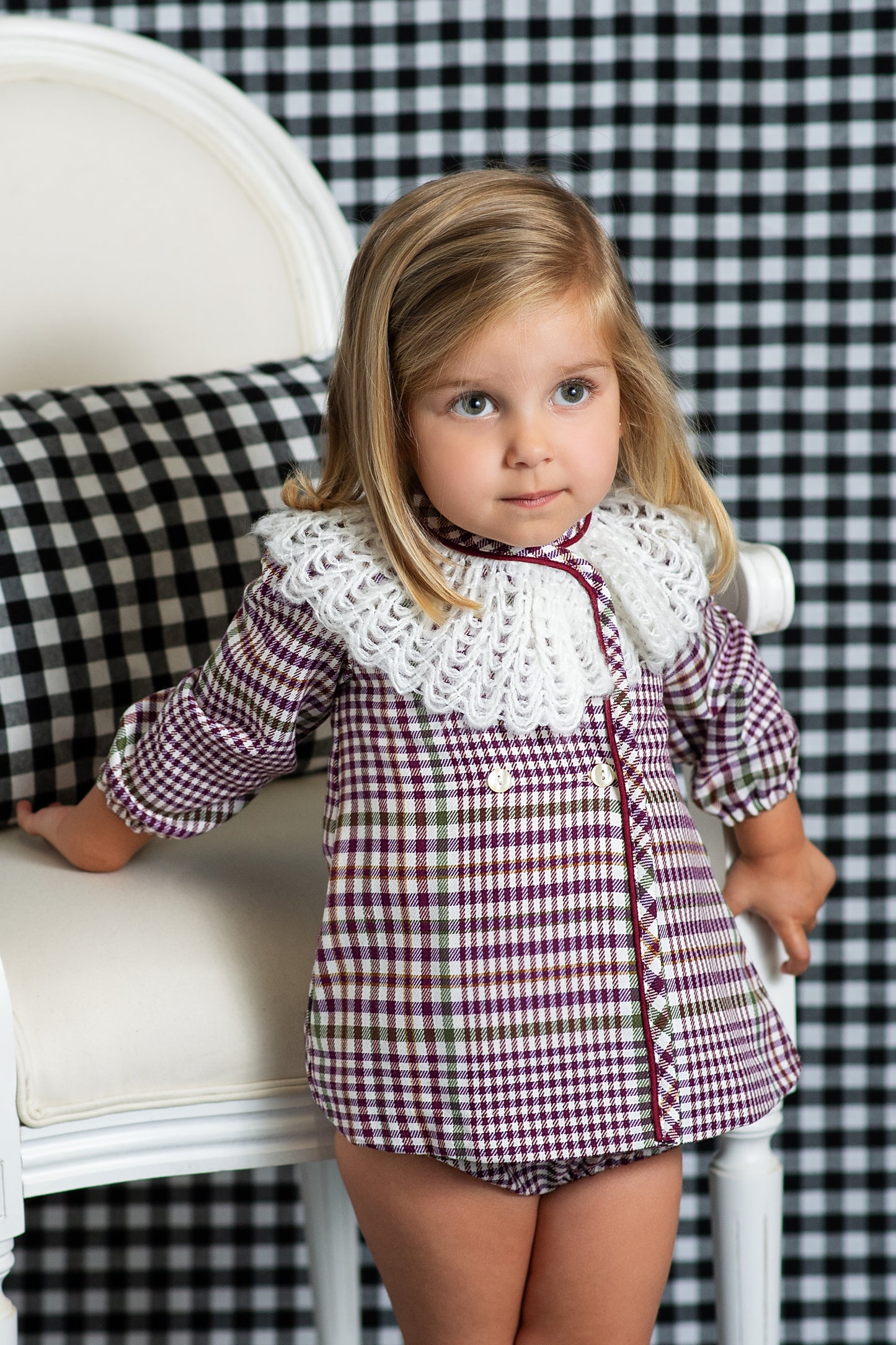 FOQUE Burgundy Check Girls Dress & Knickers - 5272