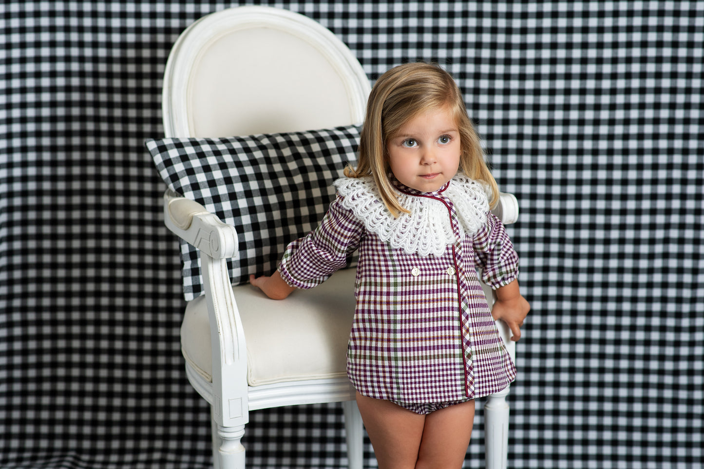 FOQUE Burgundy Check Girls Dress & Knickers - 5272