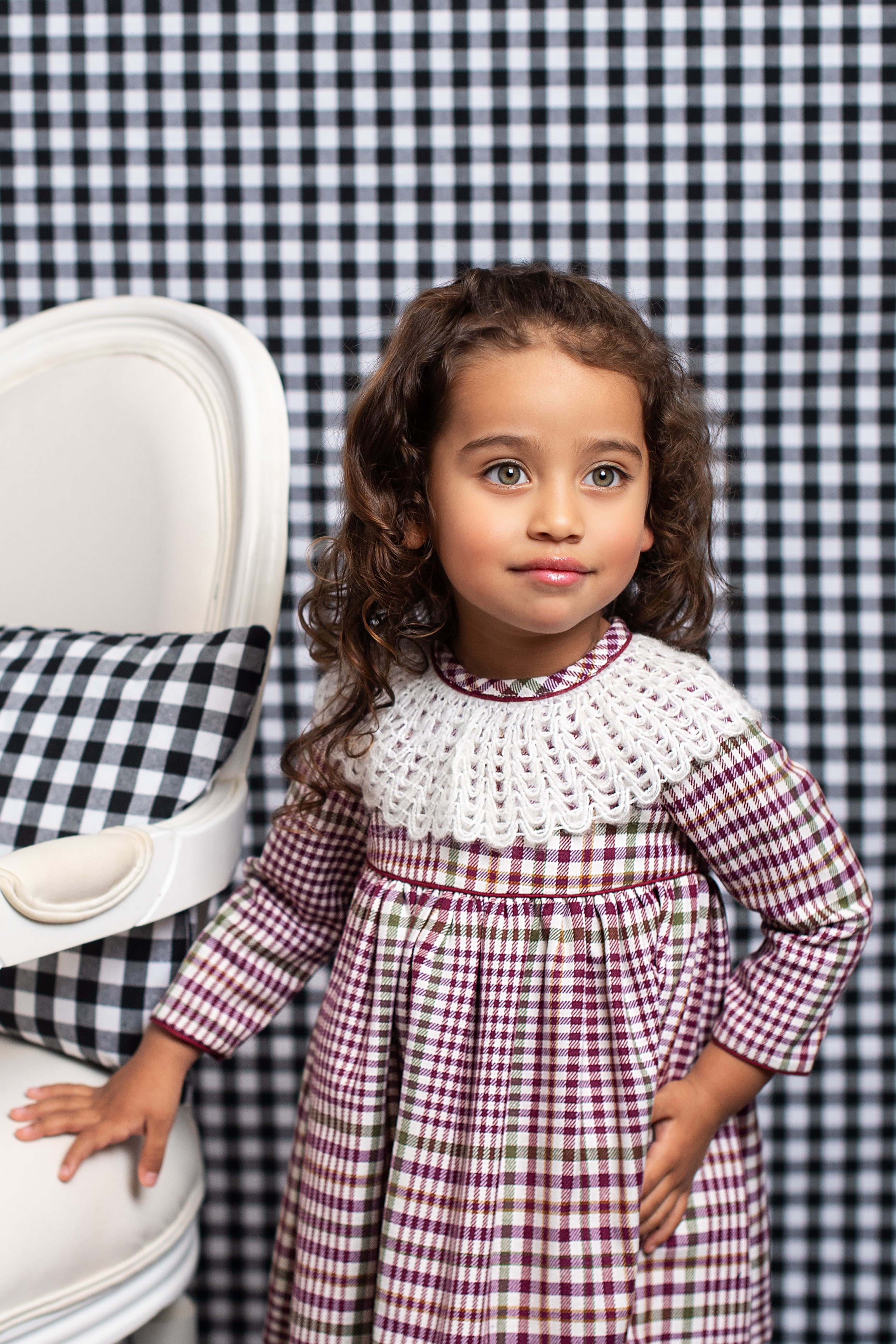 AW24 FOQUE Burgundy Check Girls Dress - CLEARANCE SALE