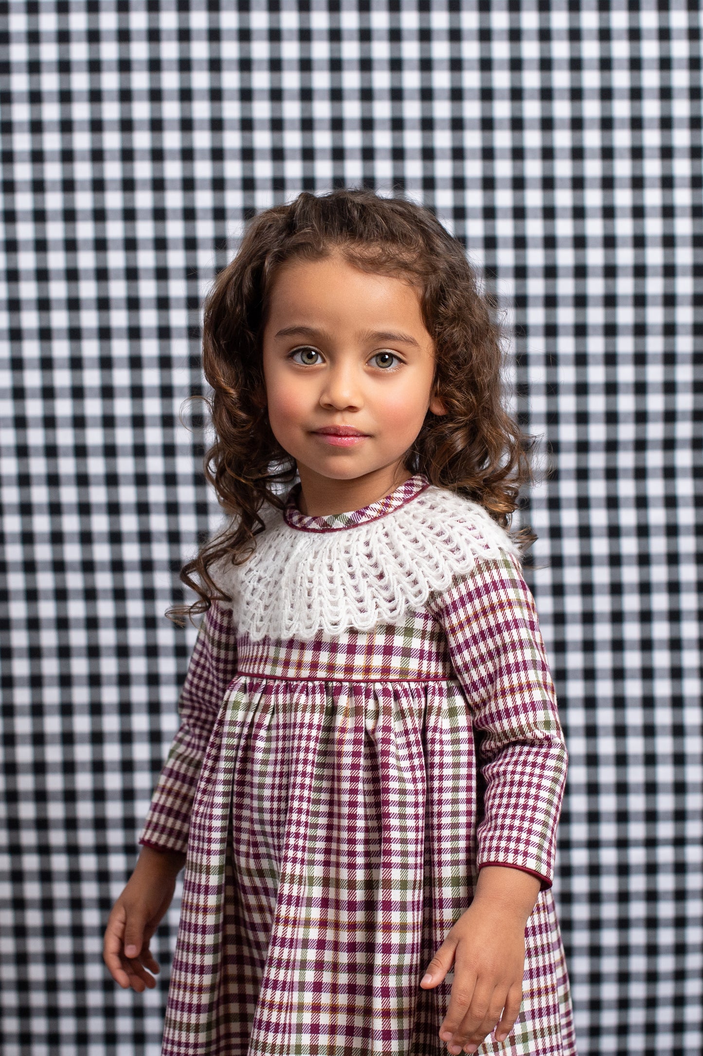 FOQUE Burgundy Check Girls Dress - 5274