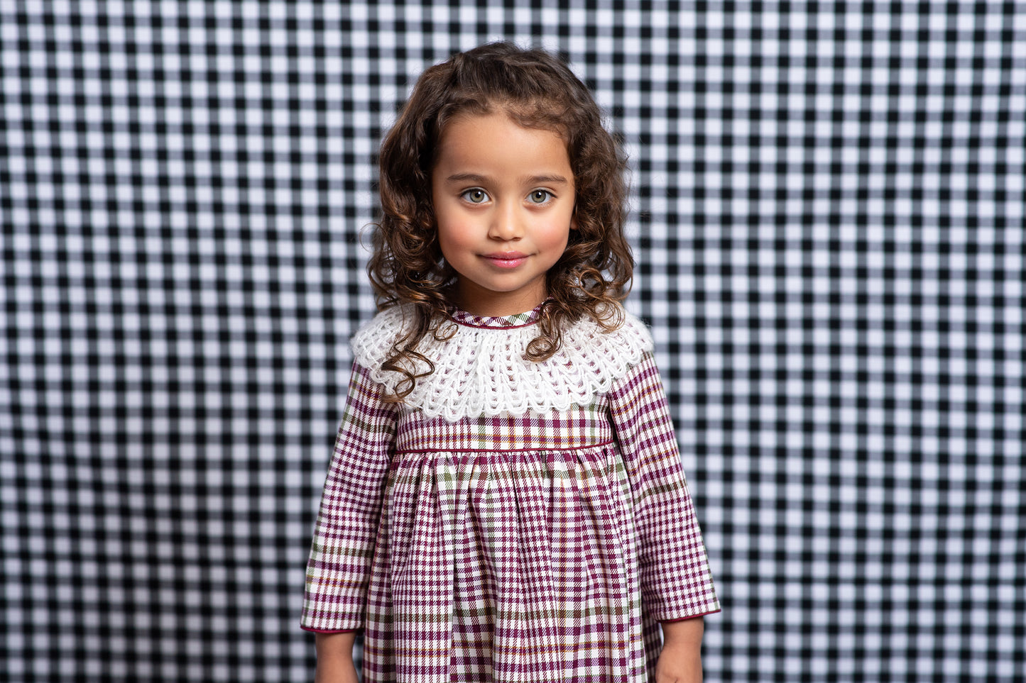 FOQUE Burgundy Check Girls Dress - 5274