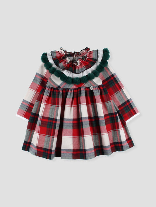 FOQUE Red Tartan Pom Pom Girls Dress - 5286