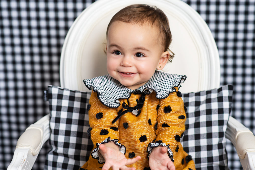 AW24 FOQUE Plumeti Mustard & Black Girls Dress & Knickers - CLEARANCE SALE