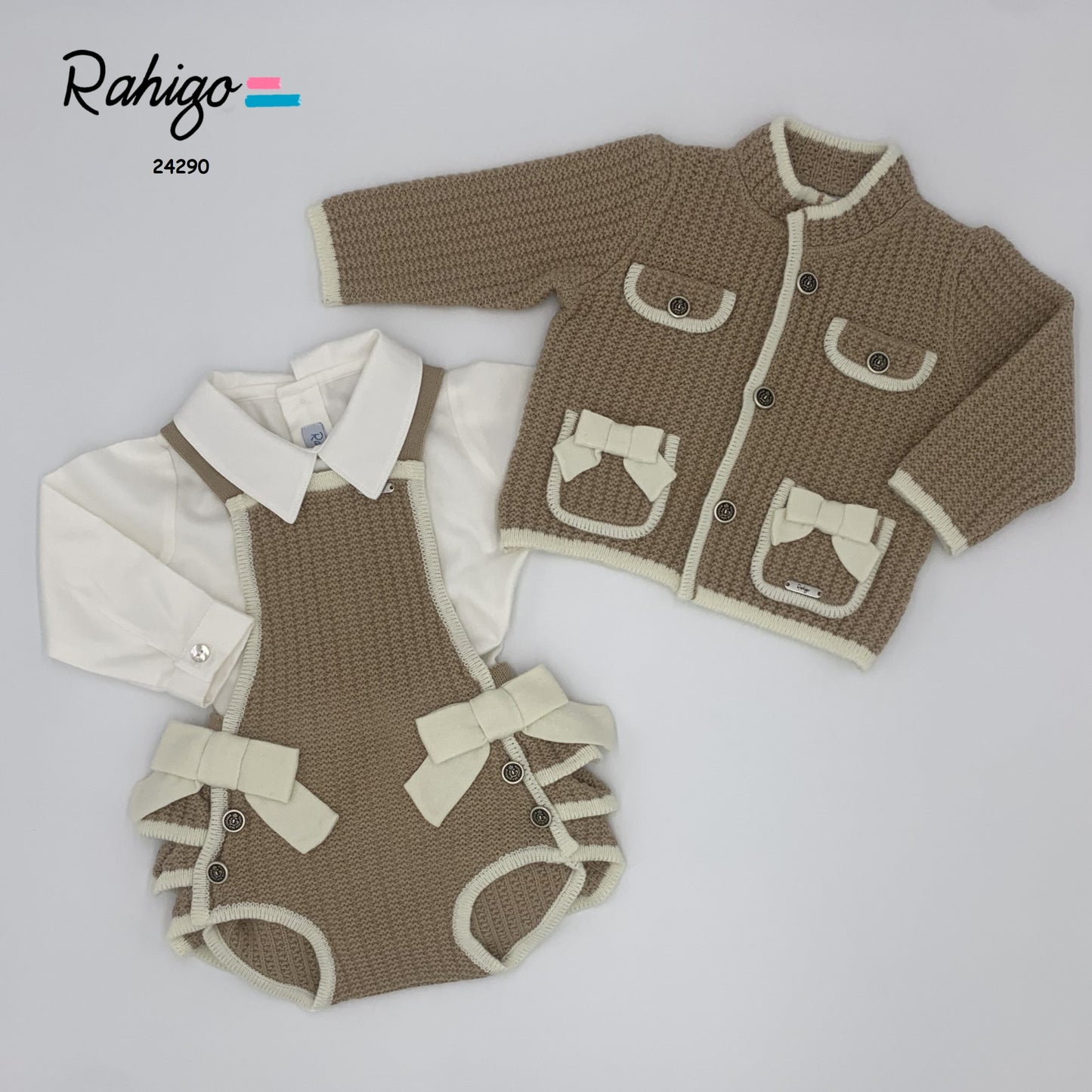 RAHIGO Camel & Cream Girls Four Piece Romper Set with Bonnet - 24290