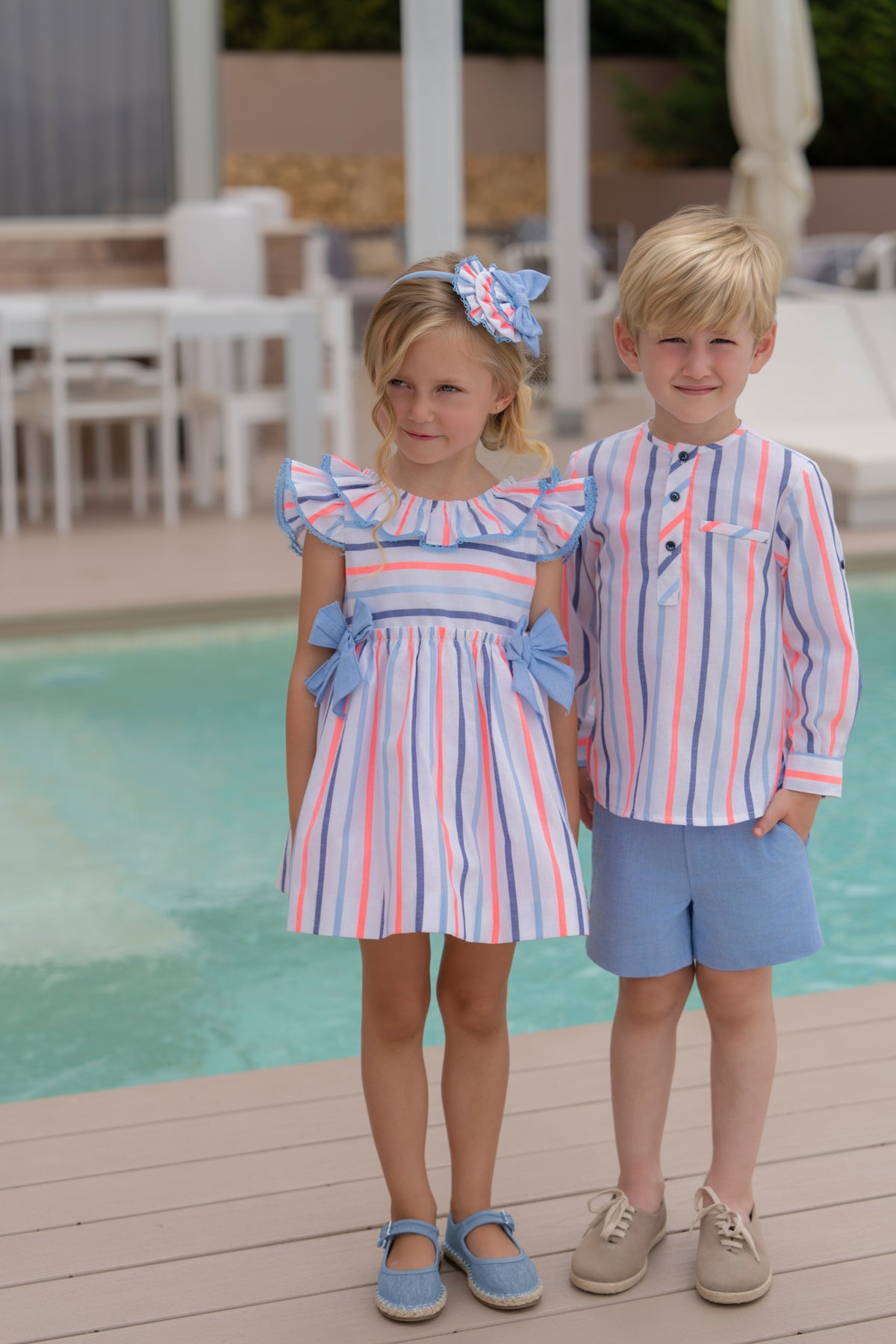 Miranda Neon and Blue Stripe boys shorts set styled view
