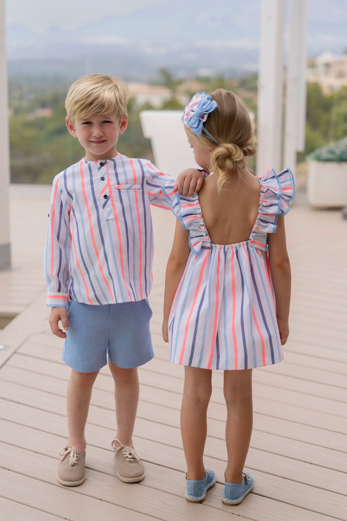 Miranda Neon and Blue Stripe girls dress alternate view
