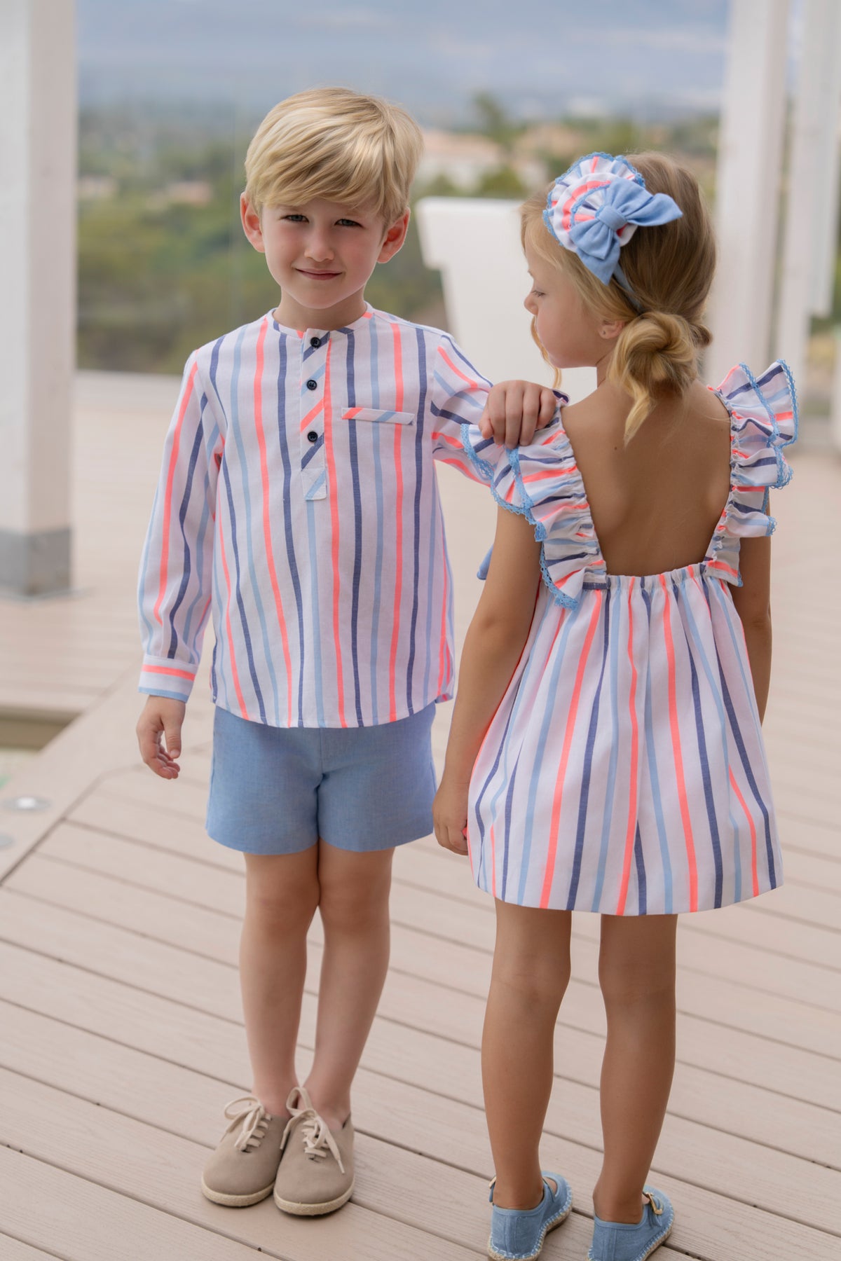 Miranda Neon and Blue Stripe boys shorts set summer styling