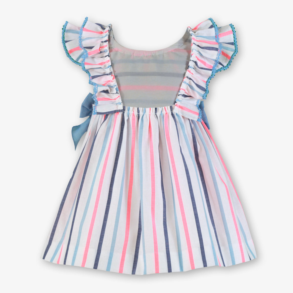 Miranda Neon and Blue Stripe girls dress back detail