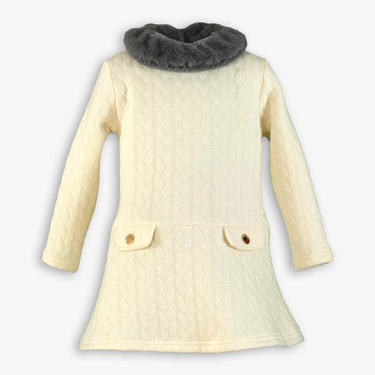 AW25 MIRANDA Girls Cream A-Line Cable Knit Dress with Faux Fur Collar - 247V