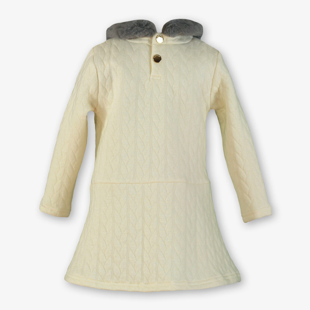 AW25 MIRANDA Girls Cream A-Line Cable Knit Dress with Faux Fur Collar - 247V