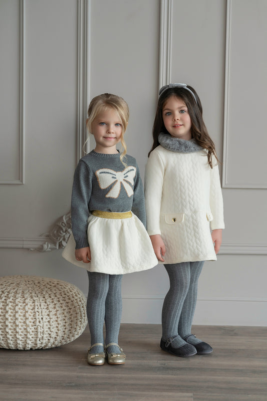 AW25 MIRANDA Girls Cream A-Line Cable Knit Dress with Faux Fur Collar - 247V